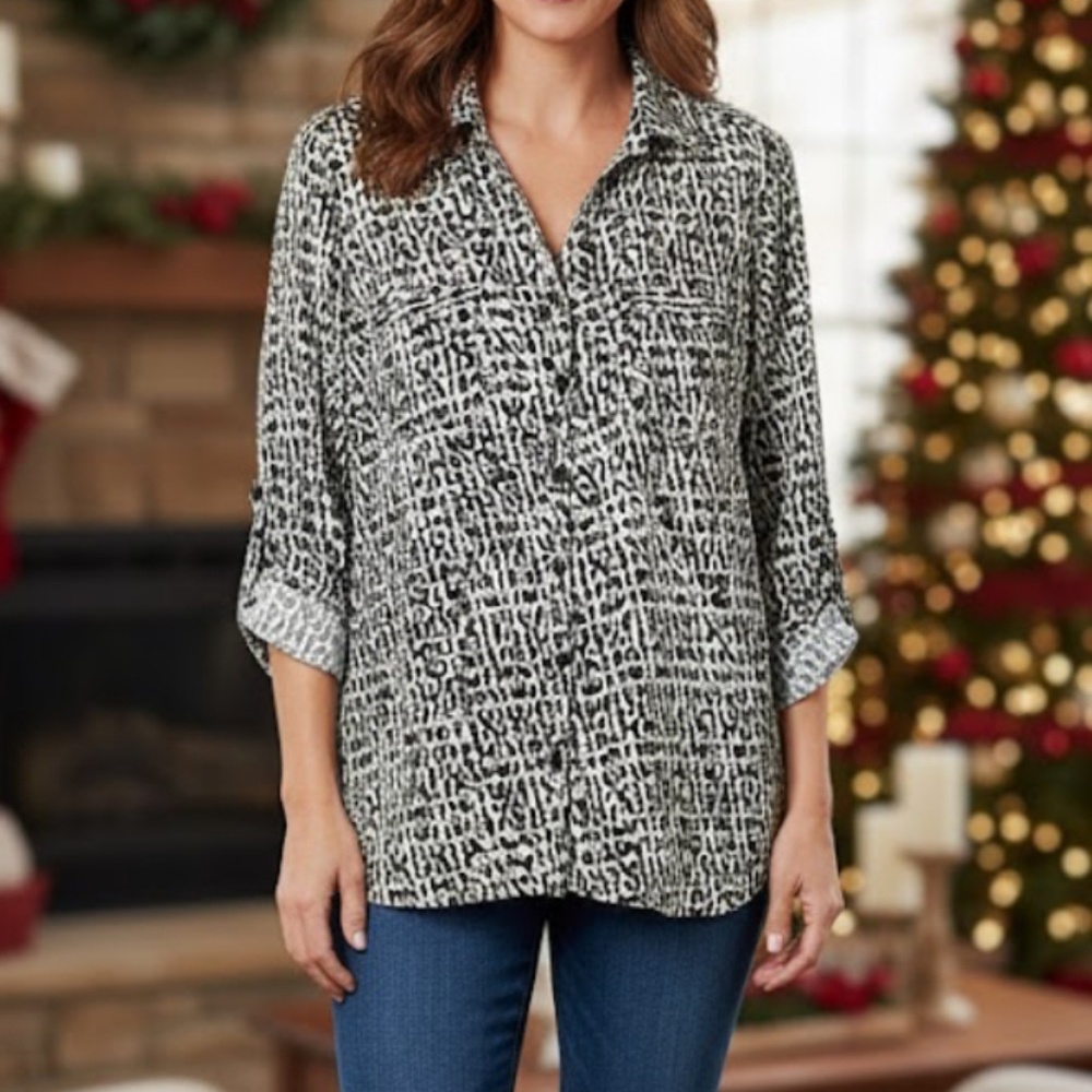 Valerie Stevens Colorful Geometric Print Women's Large‎ Button Down Cuff Sleeves